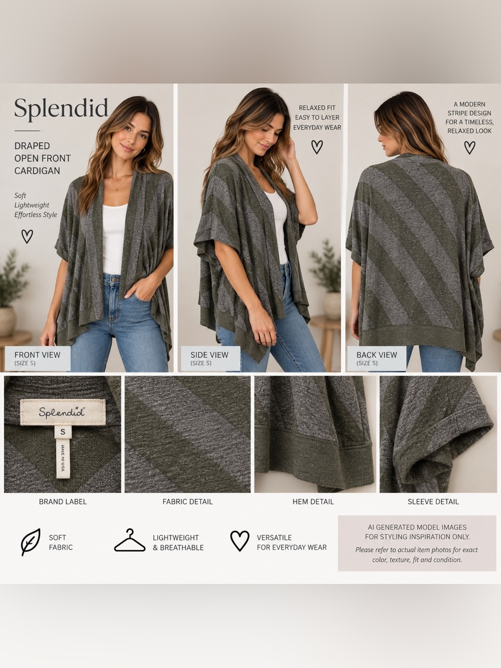 Splendid Olive Green and Grey Striped Loose Fit Short Sleeve by